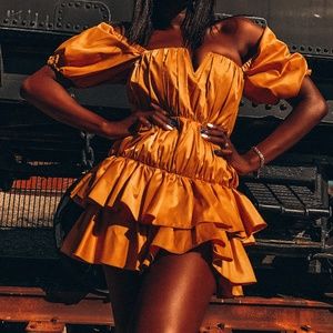Yellow ASOS design off shoulder, tiered mini dress with ruching